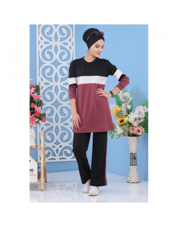 Ensemble survêtement décontracté 2 pièces (haut et bas) pour femme - Couleur grenat 