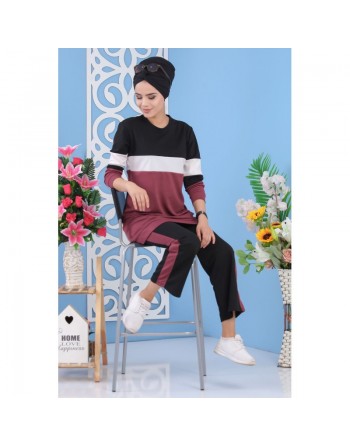 Ensemble survêtement décontracté 2 pièces (haut et bas) pour femme - Couleur grenat 