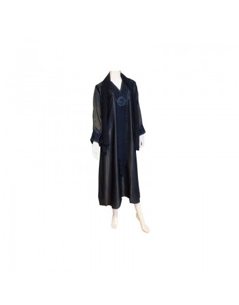 Abaya noire "Dubai" avec foulard tissu satiné décoré de strass au col 
