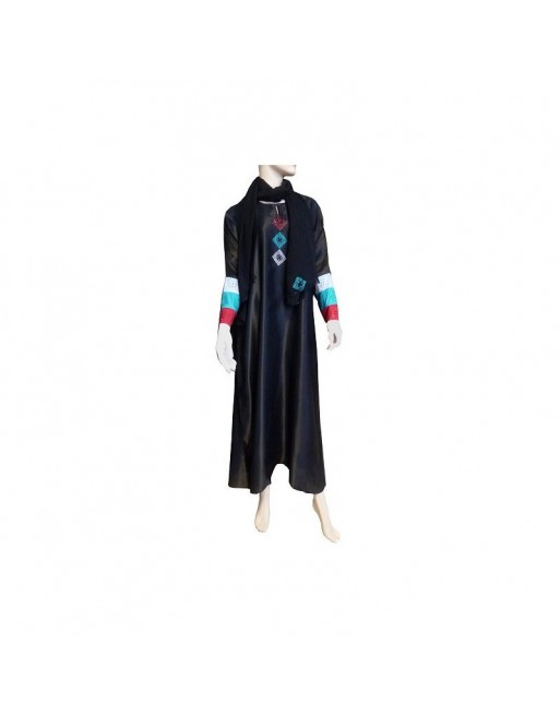 Abaya noire "Dubai" avec foulard tissu satiné décoré de bandes colorées Abaya noire "Dubai" avec foulard tissu satiné décoré de bandes colorées