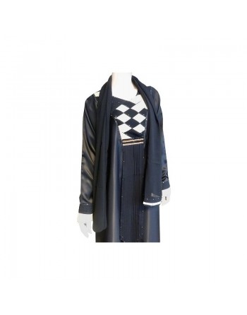 Abaya noire "Dubai" tissu satiné décoré de strass avec son foulard assorti 