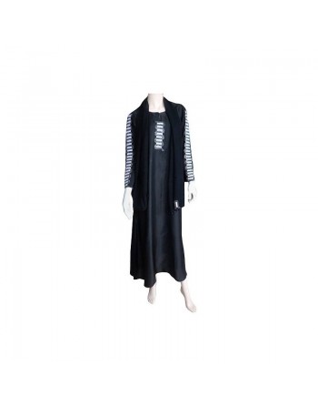Abaya noire "Dubai" tissu satiné avec foulard assorti décoré de strass argentés 