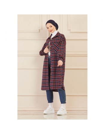 Surchemise oversize à carreaux bleu marine et bordeaux pour femme 