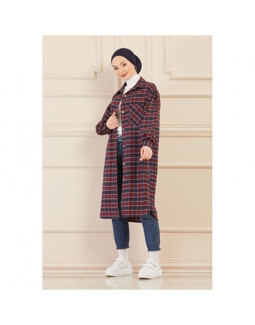 Surchemise oversize à carreaux bleu marine et bordeaux pour femme Surchemise oversize à carreaux bleu marine et bordeaux pour femme