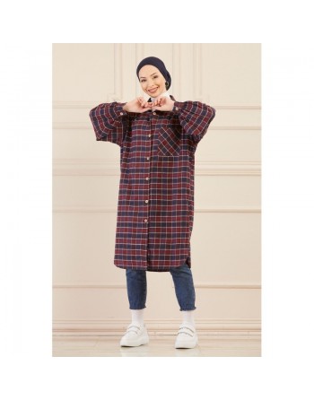 Surchemise oversize à carreaux bleu marine et bordeaux pour femme 