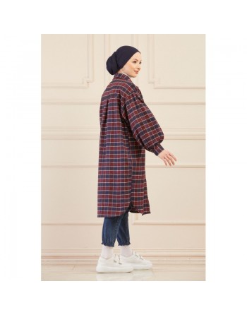 Surchemise oversize à carreaux bleu marine et bordeaux pour femme 