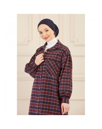 Surchemise oversize à carreaux bleu marine et bordeaux pour femme 