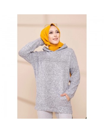 Sweat femme avec capuche brodé "Champion" (Automne Hiver 2023-2024) - Couleur brique gris clair 