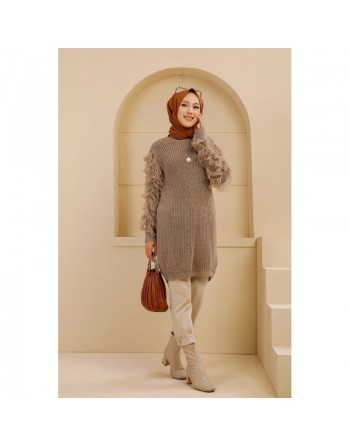 Chandail - Tricot long pour femme - Couleur beige (vison) 