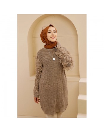 Chandail - Tricot long pour femme - Couleur beige (vison) 