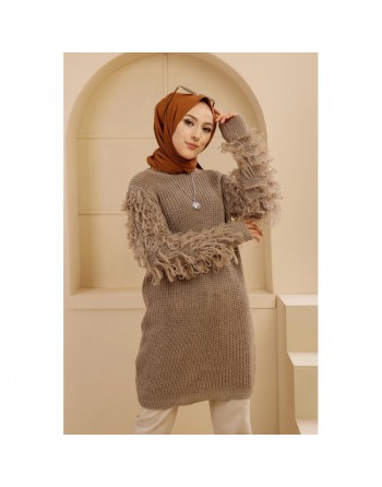 Chandail - Tricot long pour femme - Couleur beige (vison) 