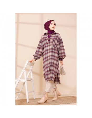Surchemise longue et ample à carreaux (Mode pudique Mouslima) - Couleur prune 