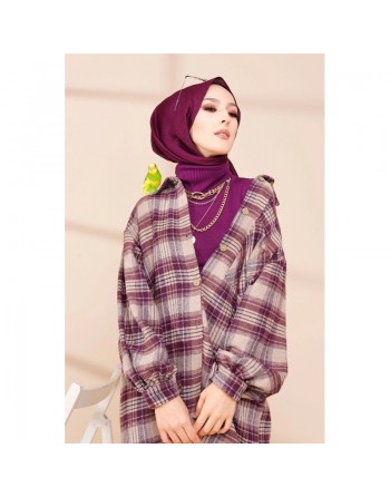 Surchemise longue et ample à carreaux (Mode pudique Mouslima) - Couleur prune 