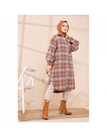 Surchemise longue et ample à carreaux (Modest Fashion) - Couleur brique 