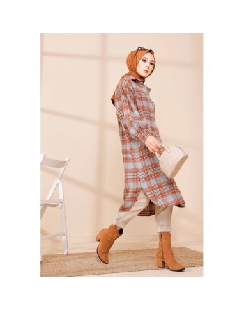 Surchemise longue et ample à carreaux (Modest Fashion) - Couleur brique 
