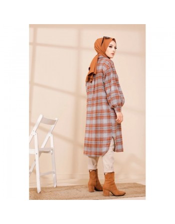 Surchemise longue et ample à carreaux (Modest Fashion) - Couleur brique 