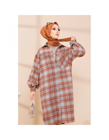 Surchemise longue et ample à carreaux (Modest Fashion) - Couleur brique 