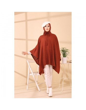 Poncho avec col pour femme (Cape pour hijab) - Couleur brique 