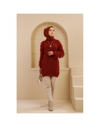 Chandail - Tricot long pour femme - Couleur brique 