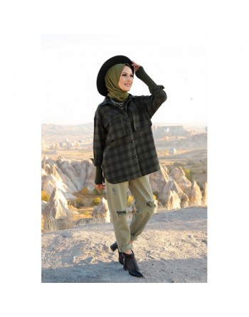 Chemise à carreaux (Boutique vêtements modernes turque pour femme) - Couleur noir et kaki 