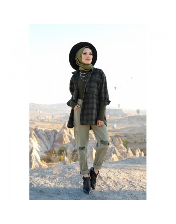 Chemise à carreaux (Boutique vêtements modernes turque pour femme) - Couleur noir et kaki 