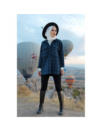 Chemise à carreaux (Boutique en ligne vêtement moderne pour femme musulmane) - Couleur bleu marine 