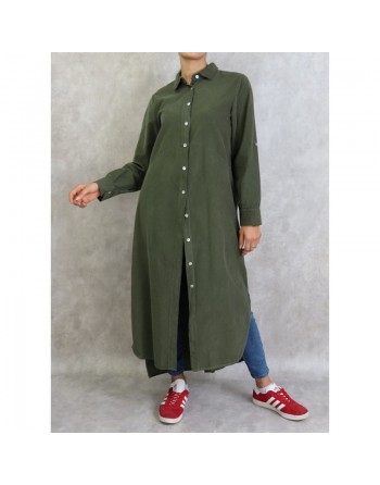Robe-chemise Velours côtelé de couleur unie vert militaire 