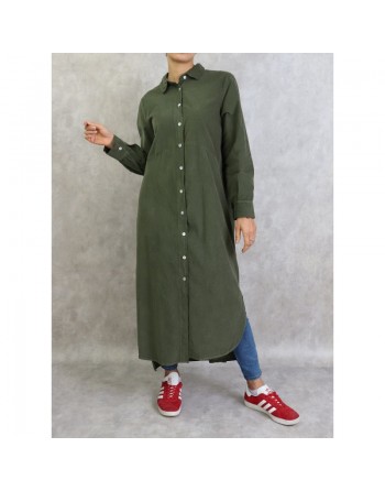 Robe-chemise Velours côtelé de couleur unie vert militaire 