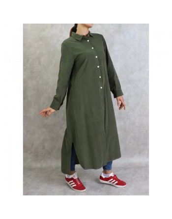 Robe-chemise Velours côtelé de couleur unie vert militaire 