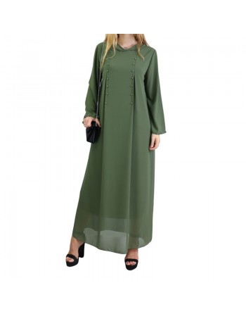 Robe longue et ample à capuche ornée de perles pour femme - Couleur Kaki 