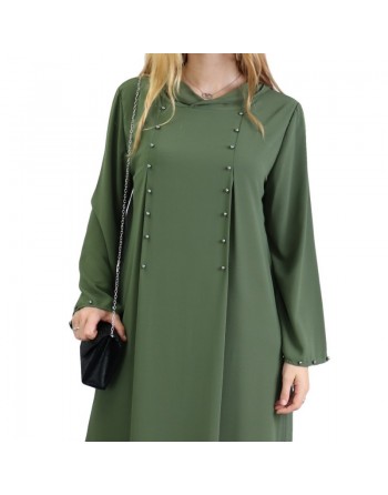 Robe longue et ample à capuche ornée de perles pour femme - Couleur Kaki 