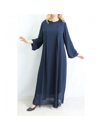 Robe longue et ample à capuche ornée de perles pour femme - Couleur Bleu marine 