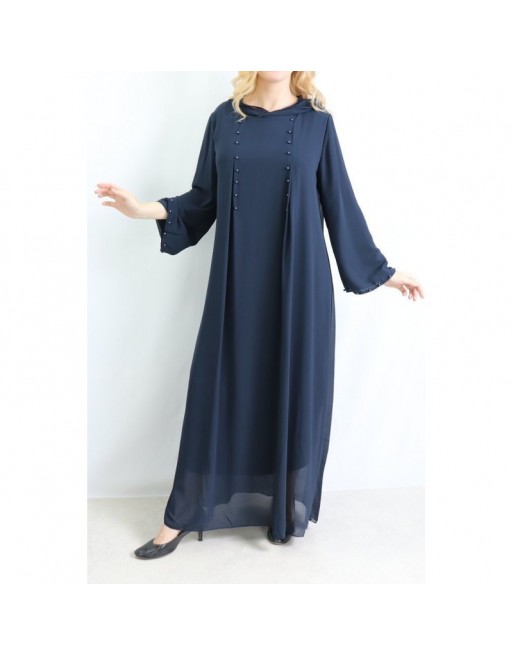 Robe longue et ample à capuche ornée de perles pour femme - Couleur Bleu marine Robe longue et ample à capuche ornée de perles pour femme - Couleur Bleu marine