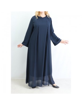 Robe longue et ample à capuche ornée de perles pour femme - Couleur Bleu marine 