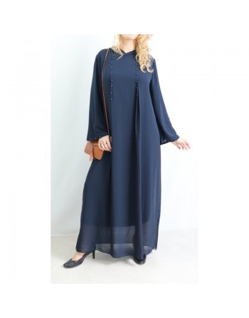 Robe longue et ample à capuche ornée de perles pour femme - Couleur Bleu marine 