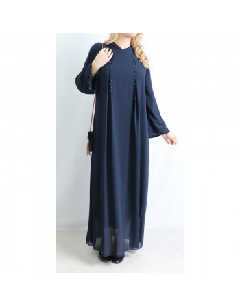 Robe longue et ample à capuche ornée de perles pour femme - Couleur Bleu marine 