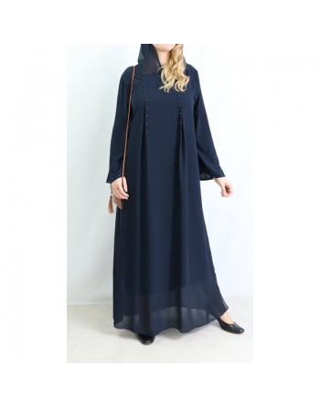 Robe longue et ample à capuche ornée de perles pour femme - Couleur Bleu marine 