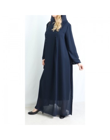 Robe longue et ample à capuche ornée de perles pour femme - Couleur Bleu marine 