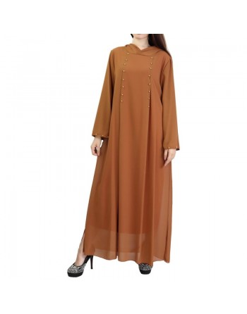 Robe longue fluide à capuche ornée de perles pour femme - Couleur Caramel 