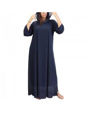 Robe longue fluide à capuche ornée de perles pour femme - Couleur Bleu Nuit 