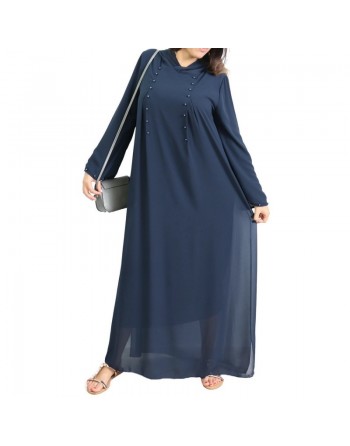 Robe longue fluide à capuche ornée de perles pour femme - Couleur Bleu Nuit 