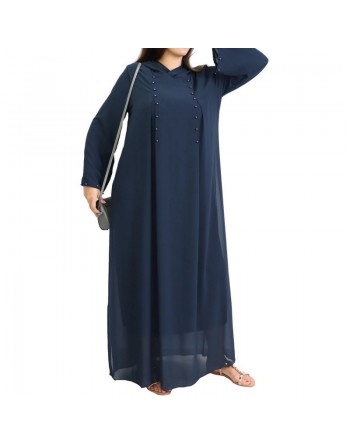Robe longue fluide à capuche ornée de perles pour femme - Couleur Bleu Nuit 