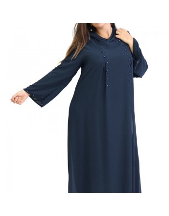 Robe longue fluide à capuche ornée de perles pour femme - Couleur Bleu Nuit 