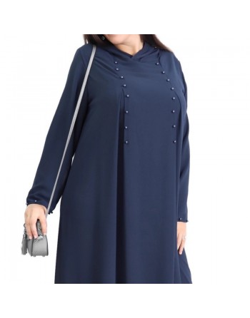 Robe longue fluide à capuche ornée de perles pour femme - Couleur Bleu Nuit 