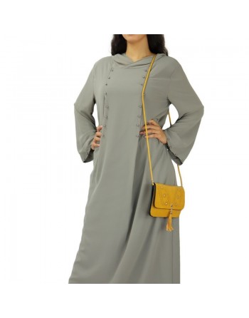 Robe longue et ample fluide à capuche ornée de perles pour femme - Couleur Gris 