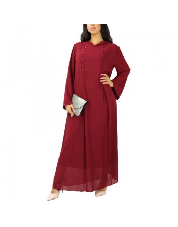 Robe longue fluide à capuche ornée de perles pour femme - Couleur Bordeaux 