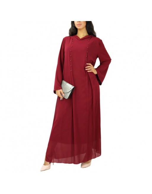 Robe longue fluide à capuche ornée de perles pour femme - Couleur Bordeaux Robe longue fluide à capuche ornée de perles pour femme - Couleur Bordeaux