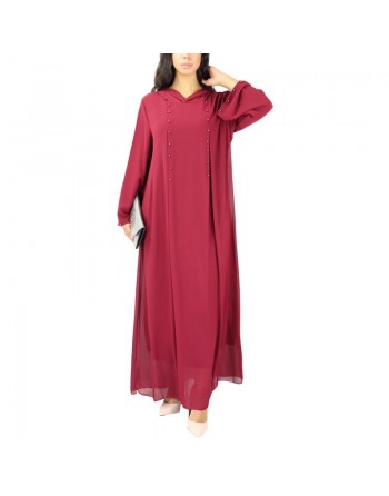 Robe longue fluide à capuche ornée de perles pour femme - Couleur Bordeaux 