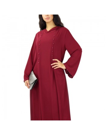 Robe longue fluide à capuche ornée de perles pour femme - Couleur Bordeaux 