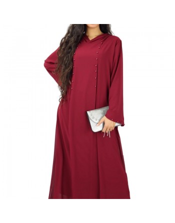 Robe longue fluide à capuche ornée de perles pour femme - Couleur Bordeaux 